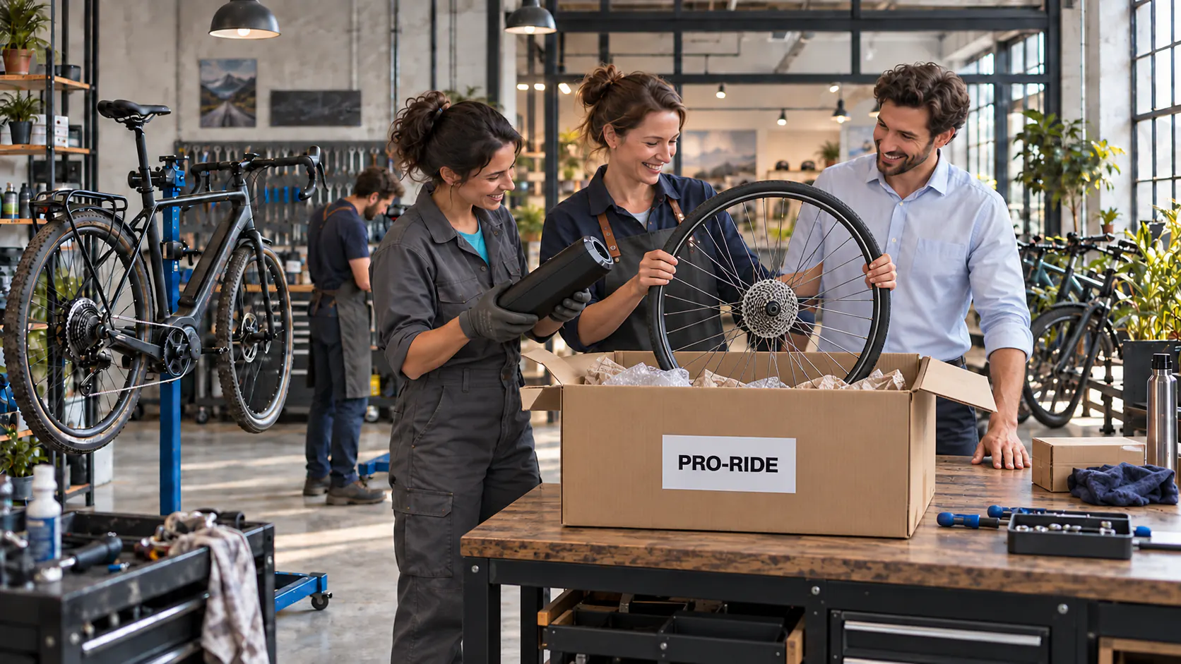 Claire, Sofia et Yanis souriants réceptionnent le carton Pro-Ride avec la roue et la batterie