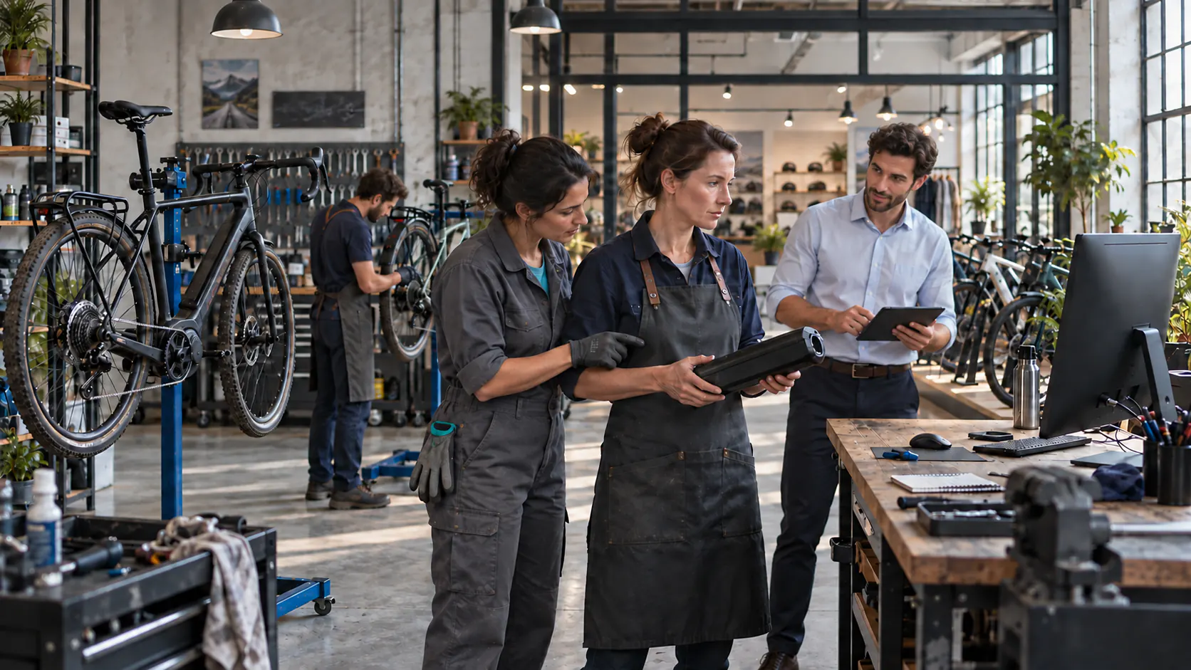 Claire avec sa batterie, Sofia en tenue d’atelier à ses côtés et Yanis le vendeur avec sa tablette, dans l’atelier de Cycles Martin