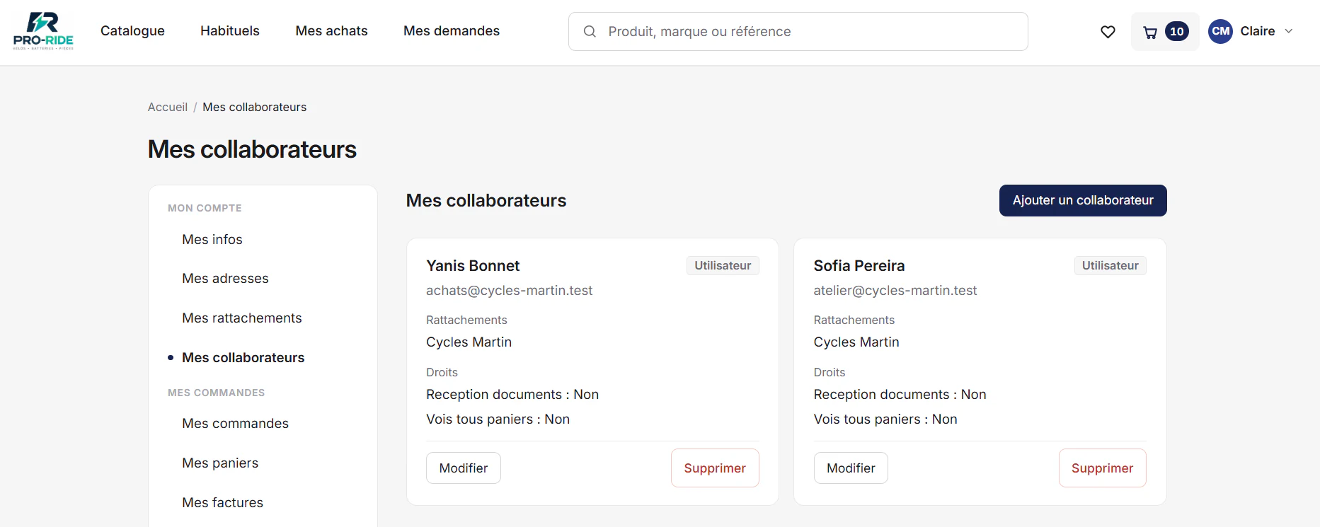 Espace client du DRM : page Mes collaborateurs listant deux utilisateurs rattachés à la société cliente, avec leurs droits de réception des documents et de visibilité des paniers