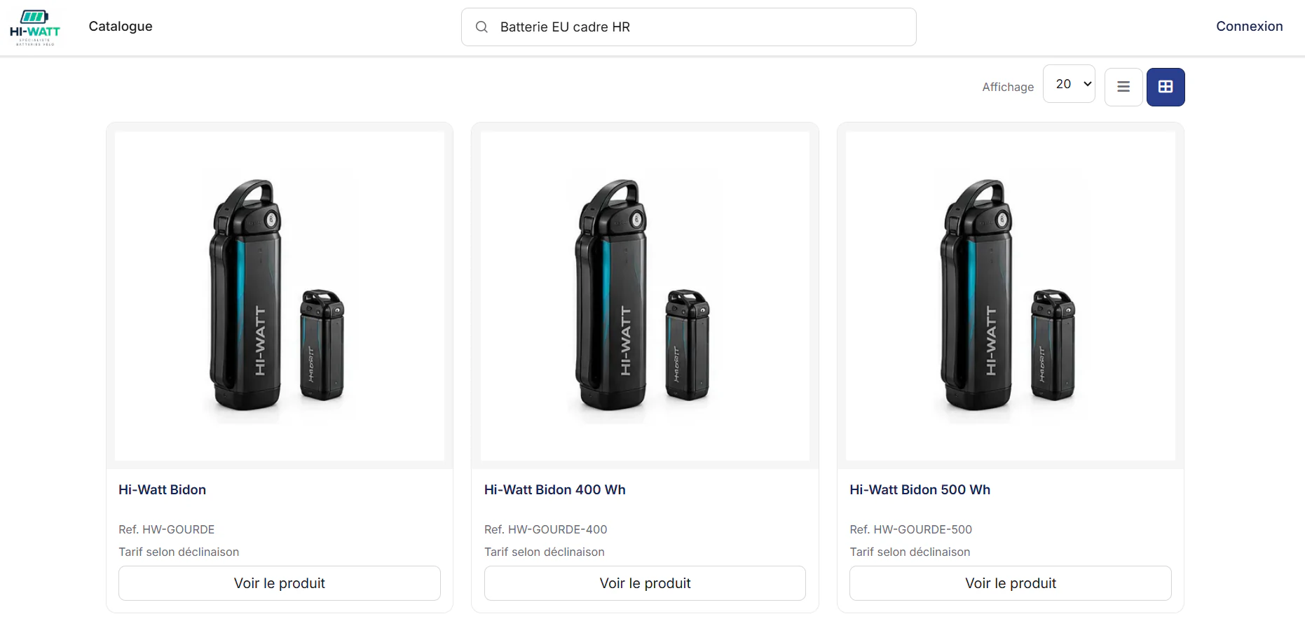 Catalogue Hi-Watt dans le DRM : recherche « Batterie EU cadre HR » affichant trois batteries bidon compatibles, avec références et tarif selon déclinaison