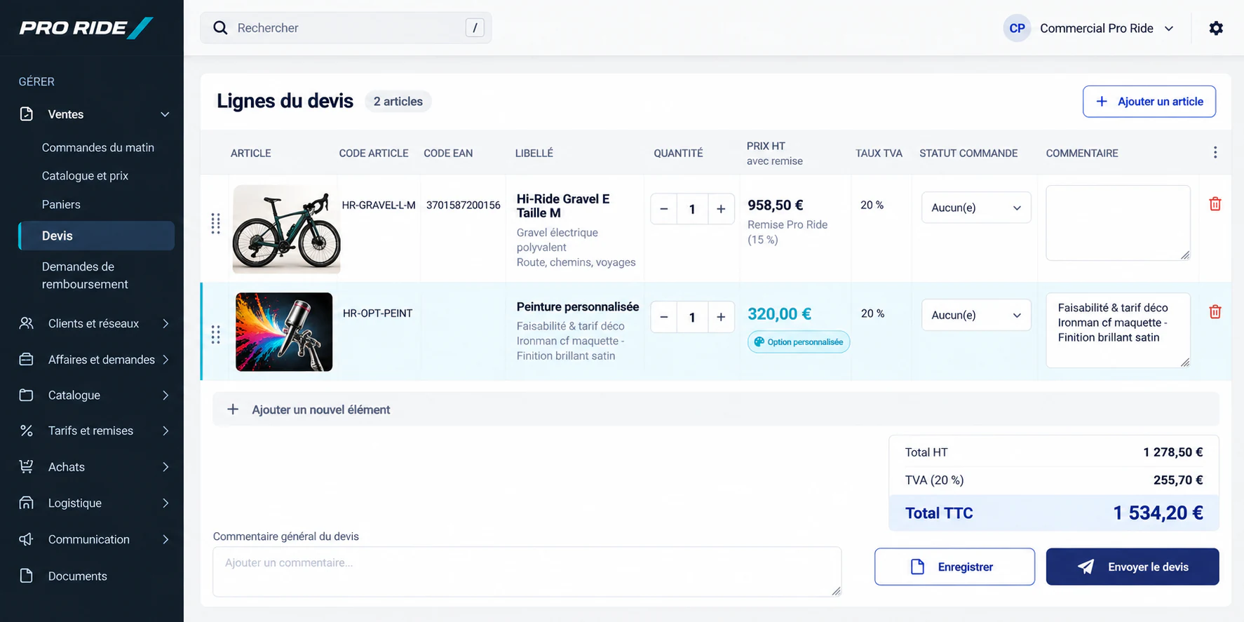 Devis dans le back-office du DRM : ligne de vélo avec remise client de 15 % appliquée, ligne de personnalisation chiffrée, totaux HT et TTC