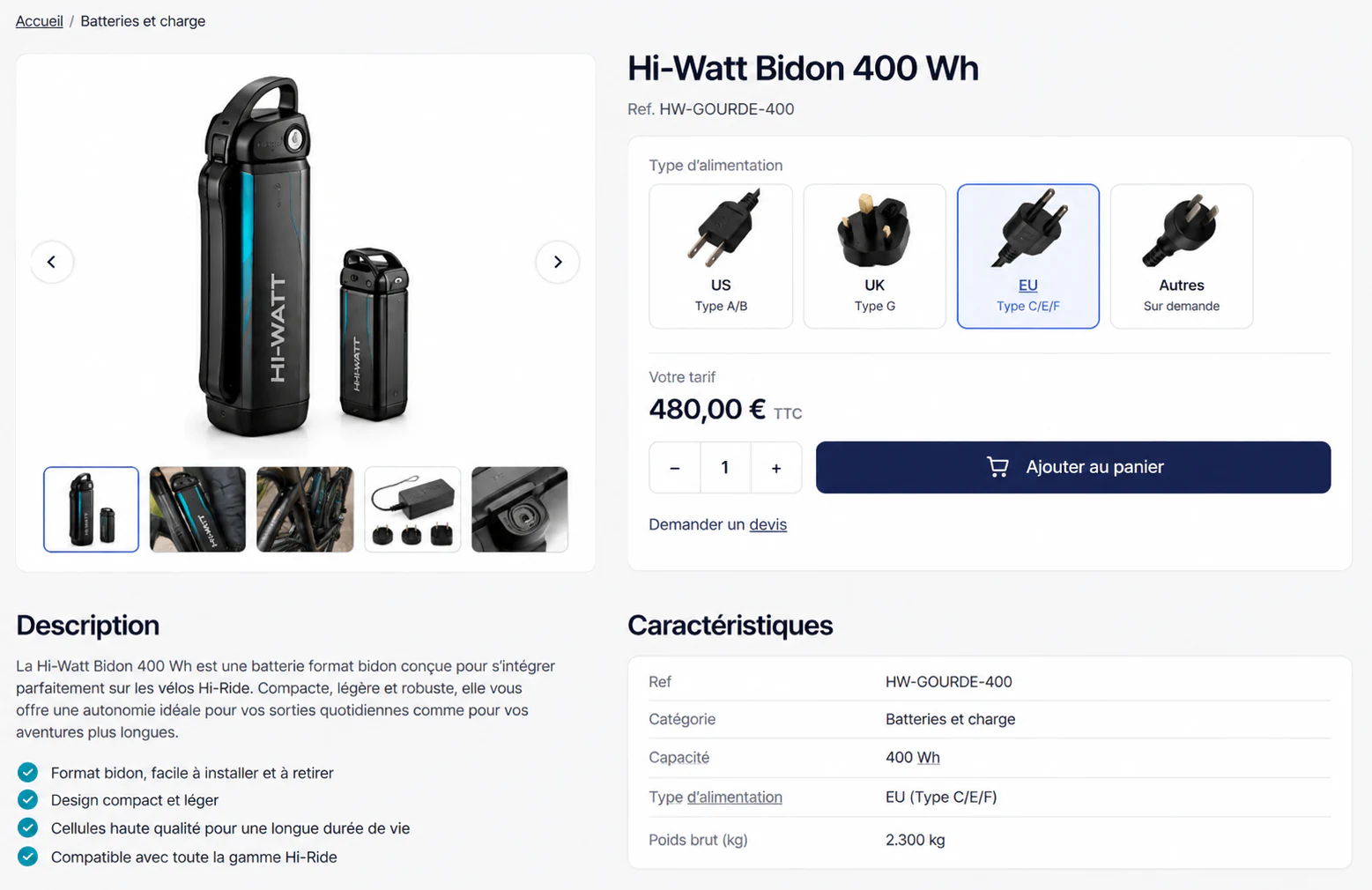Fiche réelle Hi-Watt Bidon 400 Wh : choix de l’alimentation EU, tarif, ajout au panier et caractéristiques