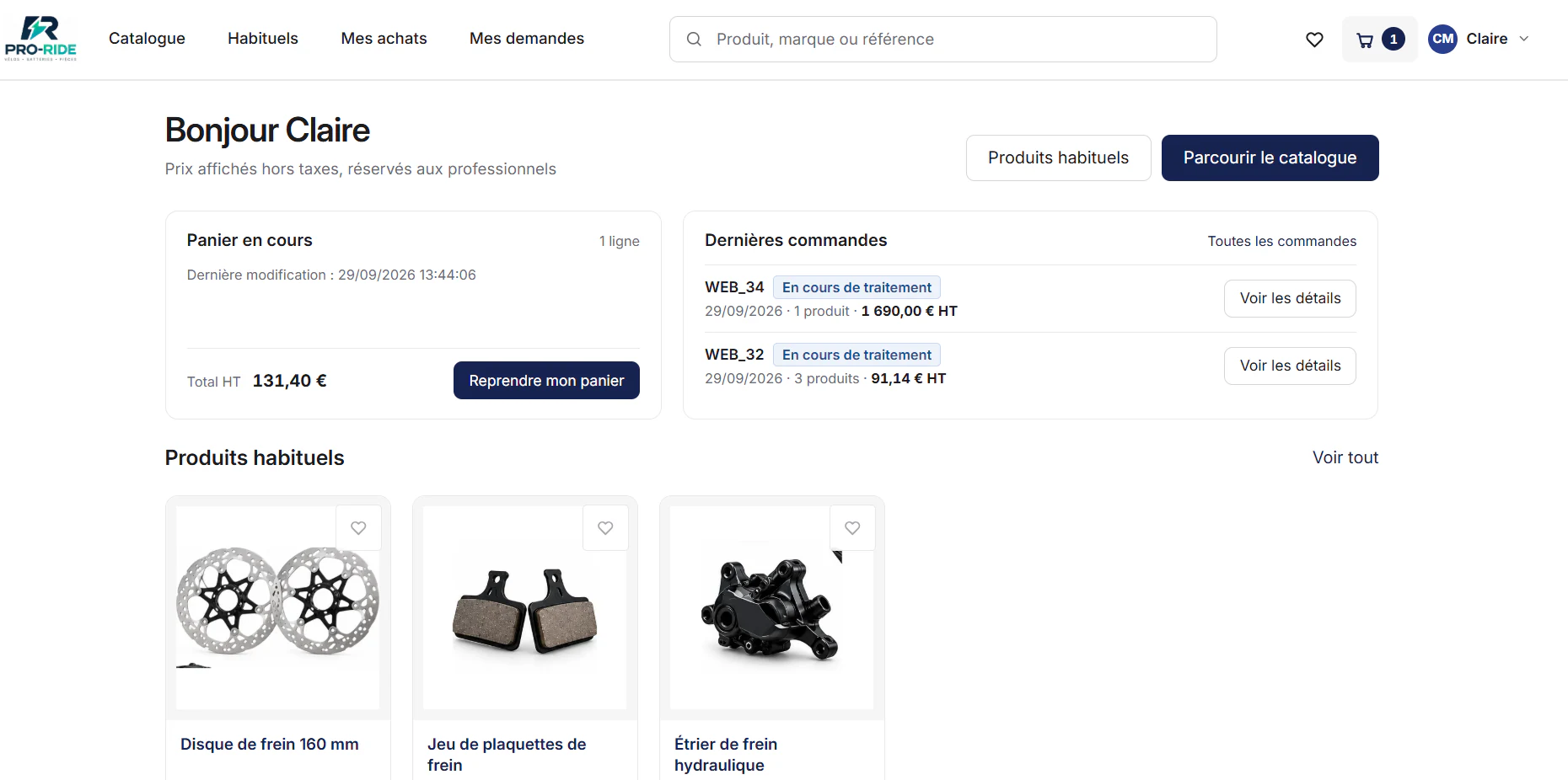 Espace Pro du DRM : message « Prix affichés hors taxes, réservés aux professionnels », panier en cours, dernières commandes et produits habituels de la cliente
