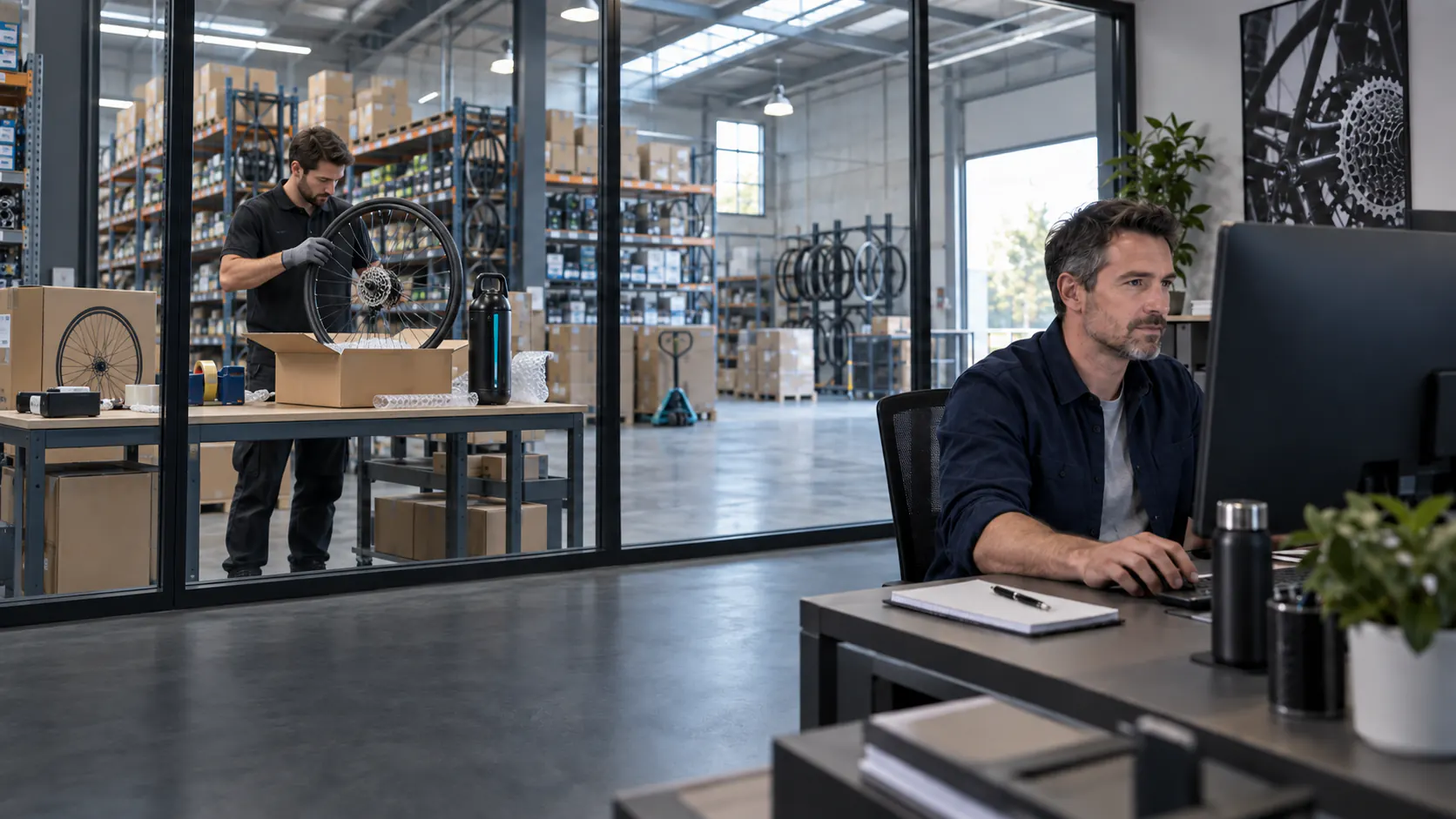 Au siège de Pro-Ride, derrière la vitre le préparateur emballe une roue et une batterie, au premier plan le commercial traite un devis